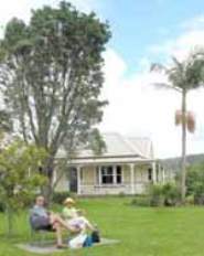 Small, blurry image of couple siting on a bench on the lawn next to trees outside historic Reyburn House, Whangarei.