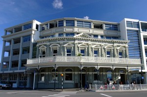 Oxley's Hotel Facade, Picton. Bottom right shows people sitting at tables outside the hotel.