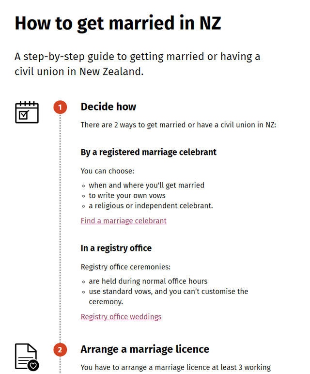 Image of the new Govt.nz step-by-step guide ‘How to get married in NZ’, including steps ‘Decide how’, and ‘Arrange a marriage licence’.