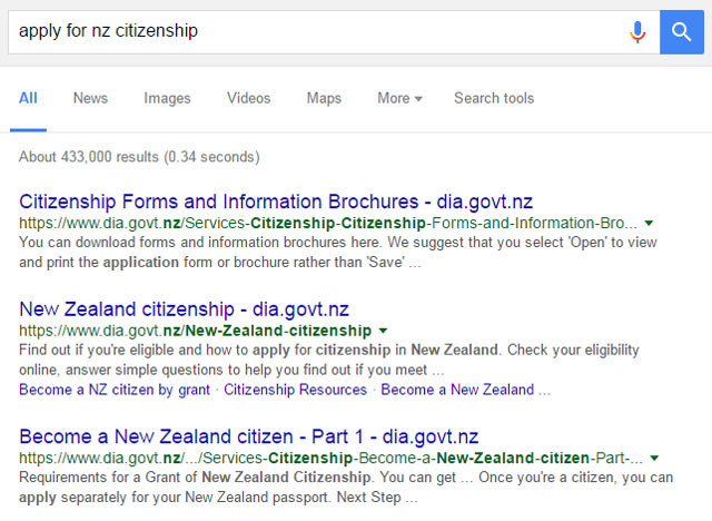 Google search results showing no close matches for ‘apply for NZ citizenship’ in page titles.