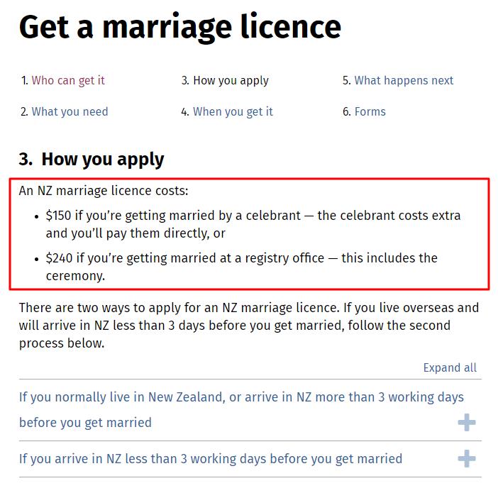 Screenshot of the top half of the get a marriage licence page on Govt.nz.