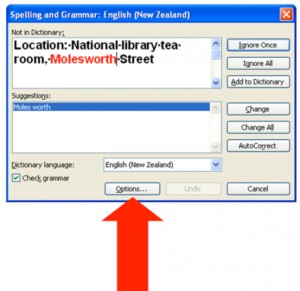 Screenshot showing the ‘Options...’ button in the ‘Spelling and Grammar’ dialog in Microsoft Word.
