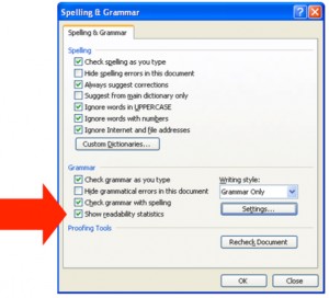 Screenshot indicating the ‘Show readability statistics’ checkbox in the ‘Spelling and Grammar’ options pane in Microsoft Word.