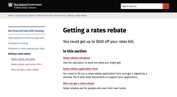 A screenshot of the govt.nz rates rebate page with a summary sentence and 3 child pages.