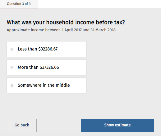 Screenshot of calculator content, with 3 simple income brackets to choose from and a clear 'Show estimate' button.