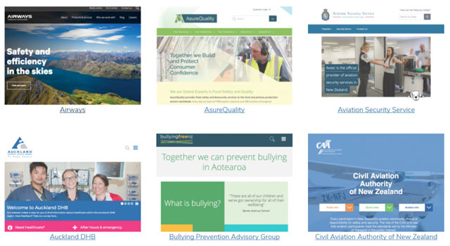 Website homepages from Airways, AsureQuality, Aviation Security Service, Auckland DHB, Bullying Prevention Advisory Group, and Civil Aviation Authority of New Zealand.