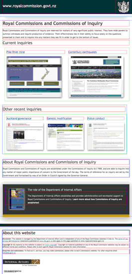 The homepage of the www.royalcommission.govt.nz website - the design grid used for layout is highlighted with different coloured boxes.