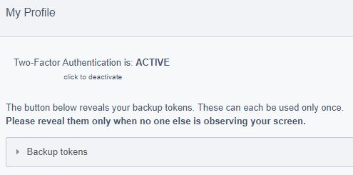 Screen shot showing two factor authentication is active