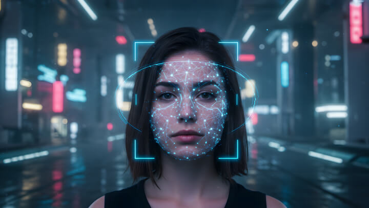 Woman's face with digital facial recognition overlay in a futuristic city setting, neon lights in the background.